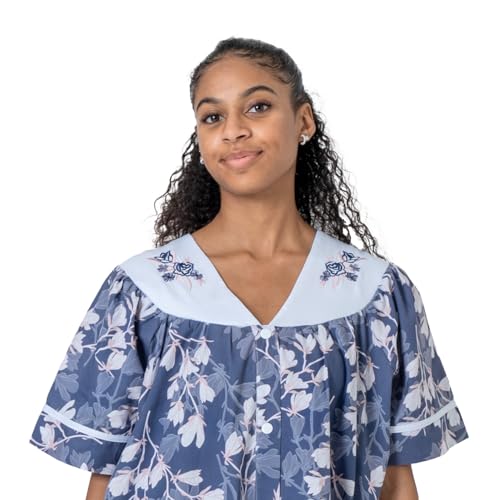 Image of Women's Short Sleeve Woven Snap-Front Closure Floral Embroidery Housecoat Duster Lounge Nightgown Robe with Front Pockets