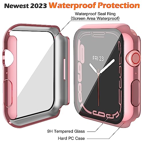 Image of Misxi [2 Pack Waterproof Case with Button for Apple Watch Series 9 (2023) Series 8 Series 7 41mm, Hard PC Cover with Tempered Glass Screen Protector for iWatch, 1 Rose Pink + 1 Transparent