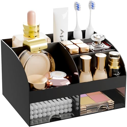 Makeup Organizer with 2 Drawers Cosmetic Storage for Dresser Vanity and Bathroom Countertop Make up organization and Skincare Storage with Beauty Brush Holder Cosmetic Display Case (Black)
