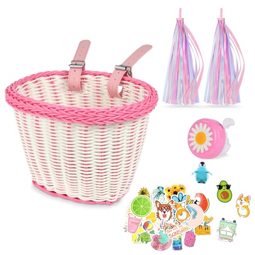 Flintronic Fahrradkorb Kinder, Fahrradkorb Geflochten für Mädchen und Kinder Vorne, Abnehmbar Fahrradkorb aus Rattan, mit Luftschlangen Fahrradklingel, Aufkleber (Rosa Weiß)