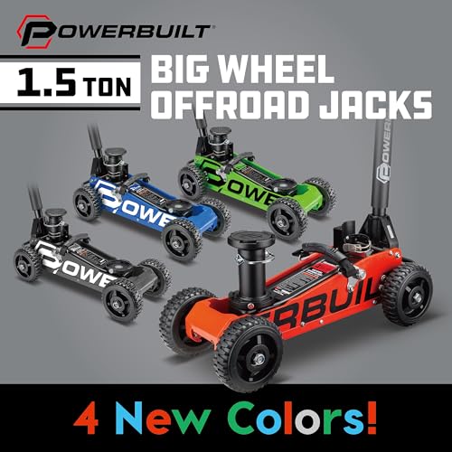Image of Powerbuilt 1.5 Ton Big Wheel Off Road Jack, Vehicle Lift for Trucks, SUVs, ATVs Offroad Vehicles, Oversized Wheels for Rugged Terrain, 3000 LB Capacity, Blue 620625ECE