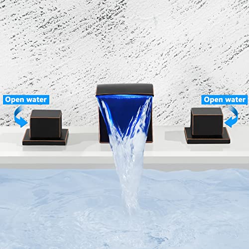 Waterfall Bathroom Faucet Led Double Handle Widespread Vanity Faucet Deck Mount 3 Hole Bath Sink Faucet, Skowll Oil Rubbed Bronze #TOP3