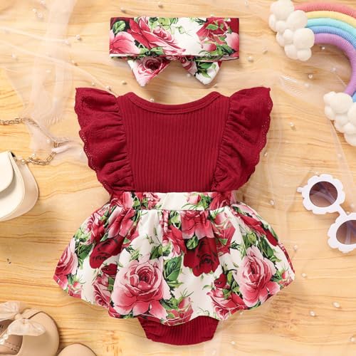Sinhoon Baby Girl Clothes Newborn Ruffled Sleeveless Romper Floral Dreesy Bodysuit Heaedband 3pcs Baby Girl Summer Clothes4