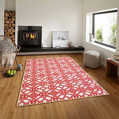 Image of Matz&More Trellis Interlace Rug | 100x150 CM | Red Beige | Soft Nylon Loop Pile with Anti-Slip Gel Backing | Living Room, Bedroom & Office Floor Carpet