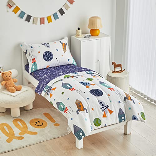100% Cotton 4 Pieces White Space Toddler Bedding Set With Colorful Rocket Stars And Planet Includes Adorable Quilted Comforter, Navy Fitted Sheet, Top Sheet, And Pillow Case For Boys Girls #TOP9