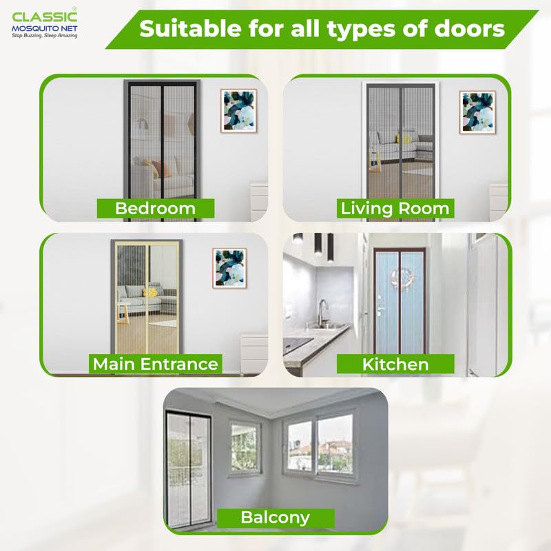 Image of Classic Mosquito Net for Doors with Magnet - Heavy-Duty Fiberglass Mesh | Strong Auto-Close Magnets | Full Frame Hook-&-Loop | DIY Installation for Wooden /UPVC /Marble Doors (185x70 cm, Black)