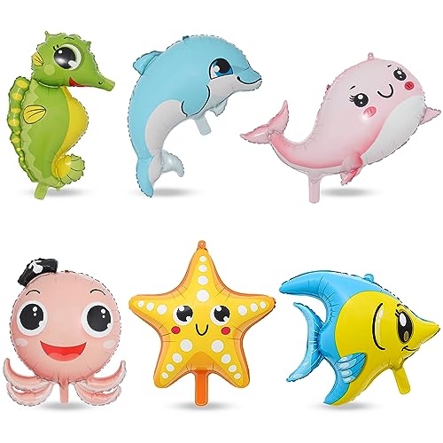 OSDUE Globos de Aluminio Animales Marinos, 6 Piezas Globos Animales, Globo Gigante con Cabeza de Animal, decoración de Fiesta de cumpleaños, Caballito de Mar, Ballena Rosa, Estrella de Mar