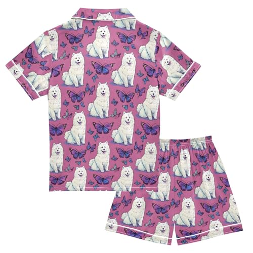 White Samoyed Butterfly Pajamas Sets Short Sleeve Silk Stain Pjs Button Down Sleepwear for 5-14Y2