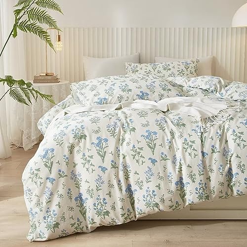 Ruccit White Floral Duvet Cover Set King 100% Cotton Duvet Cover King Size Bed 3pcs Garden Blue Green Chic Flower Bedding Set with Zipper Closure Corner Ties-Soft,Durable,Easy Care - Image 4