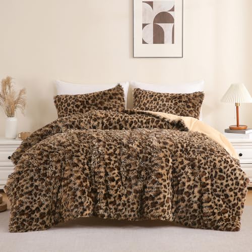 Melo10PM Cheetah Print Fluffy Faux Fur Comforter Set Full Size 3 Pieces Brown Leopard Plush Shaggy Fuzzy Bedding Set Ultra Soft Luxury Furry Boho Animal Print All Season Comforter for Women Girls