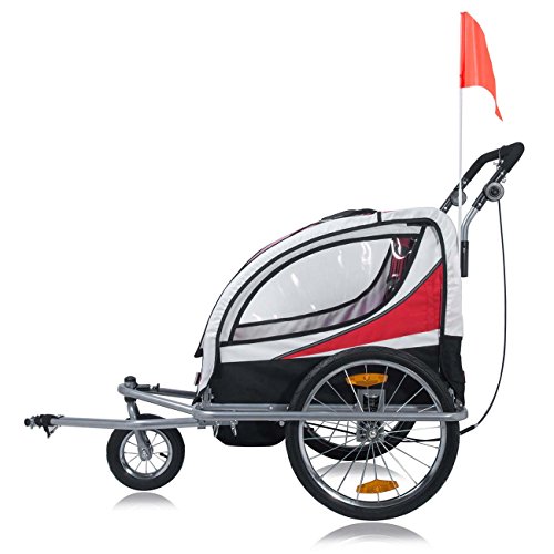 SAMAX 360° zwenkbare Fietskar/Aanhangwagen 2in1 en Buggy Geveerde Transportkar Kinderfietskar voor 2 kinderen - in Rood… - Afbeelding 4