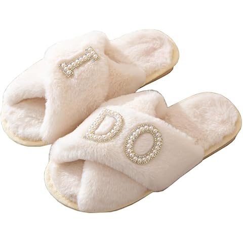 DaLingLam I Do Slippers Bride Slippers Women's Wedding Shoes Fuzzy Soft House Slippers for Bride Party Bridal Weddings Bachelorette Party (White, 6) Cover