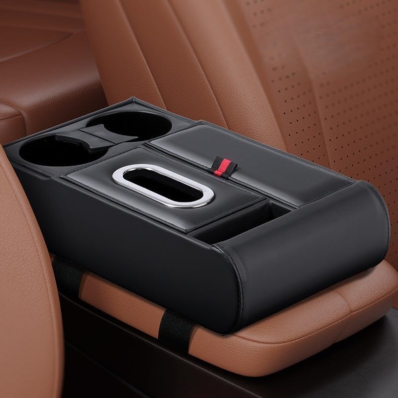 Vide-poche accoudoir voiture en cuir noir anti-chute pour gobelets et téléphone