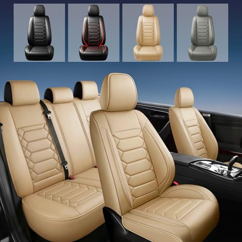 Image of Fit Sierra Car Seat Covers (5 Seats Full Set) Compatible with GMC Sierra 1500 /2500 /3500 2000-2026-Full Coverage Breathable Leather, Airbag Compatible, Waterproof & All-Weather,Beige