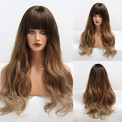 Ombre Brown Wigs for Women, HAIRCUBE Long Curly Wigs Dark Root Synthetic Wigs Natural Looking Wigs with Bangs