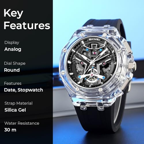 Image of SKMEI Stylish Analog Quartz Watch for Men - Trendy Transparent Case, 30M Water-Resistant, Durable Silicone Band, Lightweight Wristwatch with Date Display & Stopwatch-2426