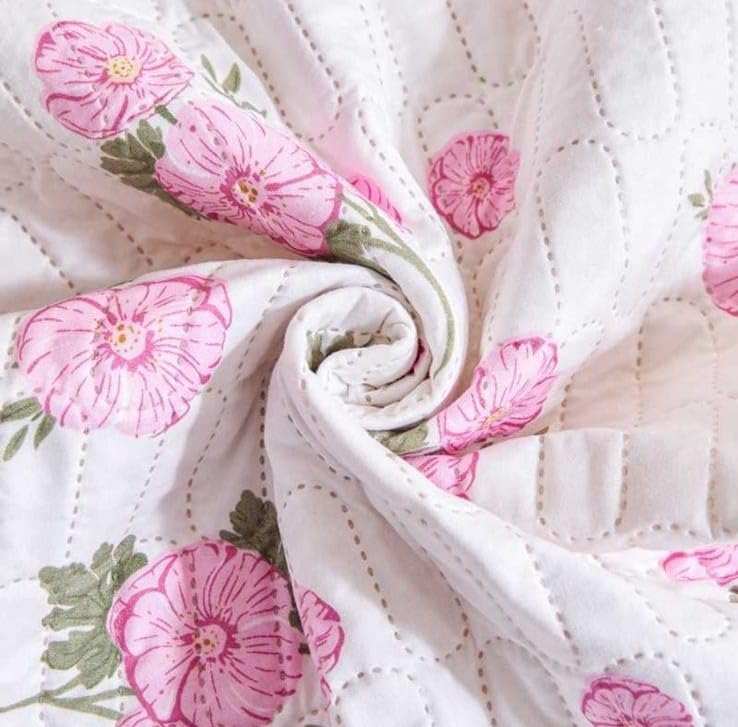 Image of HOMETHREADS Floral Cotton Chair Cover Set | Soft & Comfortable Seat Covers with Anti-Skid Non-Slip Backing + Waterproof Dining Table Cover (150x240 cm) White Pink, 8 Chair Covers + 1 Table Cover