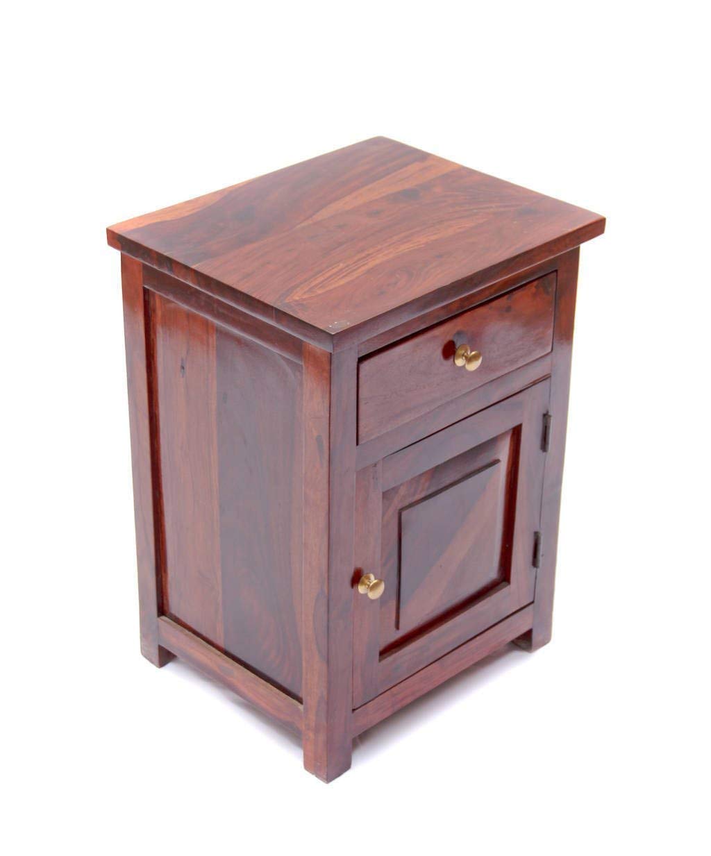 Sheesham Wood Bed Side Table with 1 Drawer and 1 Door Storage Wooden Nightstand End Table for Bedroom Home (Brown)-image-0