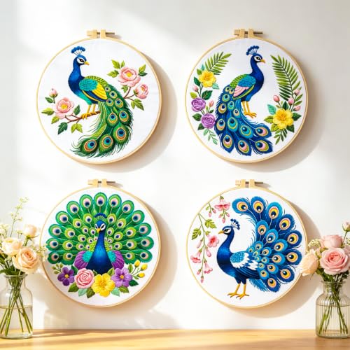 Image of INFUNLY 4pcs Green Peacock Embroidery Kit for Beginners Peacock Flowers Cross Stitch Kits with Pre-Printed Patterns 11.6x11.6inch Embroidery Starter Kit with 22 Colors Thread for DIY Craft Lovers