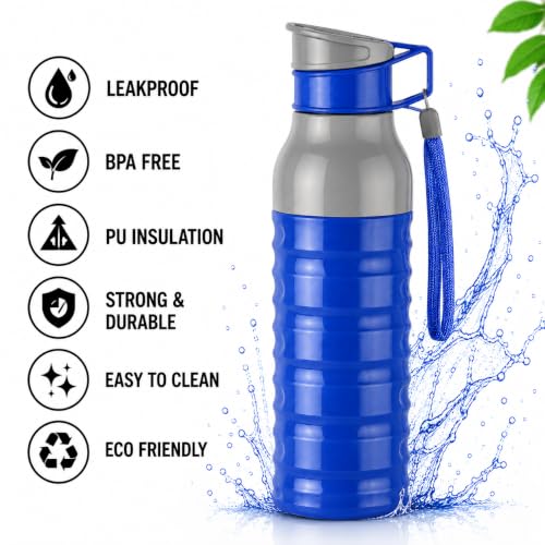 Image of CELLO Puro Steel-X Delta 900 PU Insulated Water Bottle for Office 705 ml Blue | Wide Mouth Easy to Carry with Strap Leak Proof Flip Top Lid Inner Steel Water Bottle for School Kids, College & Travel