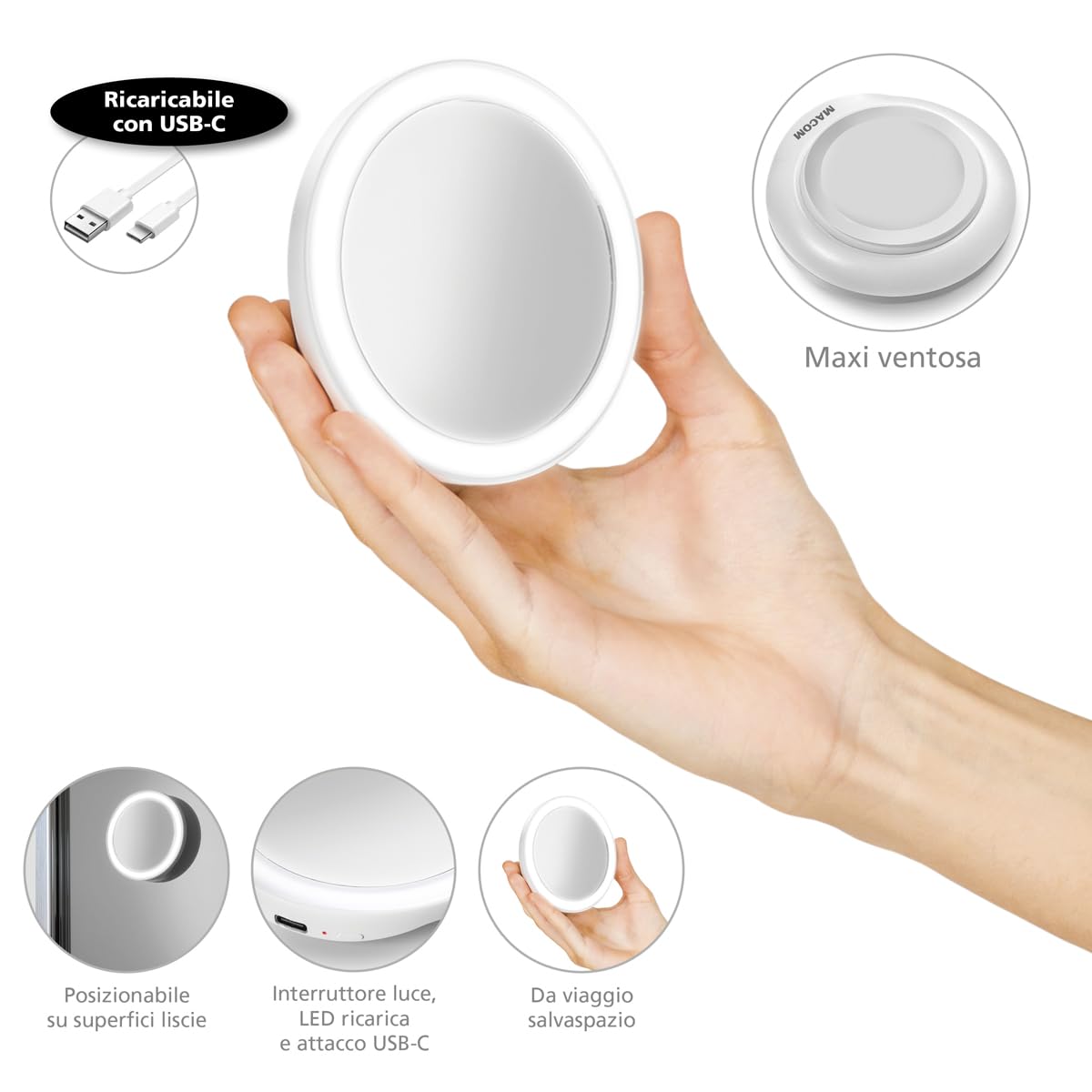 MACOM Mini Specchio da Trucco con ventosa, Ingrandente 7X con luce LED e ricarica USB, Sensation 234 Mini Solar