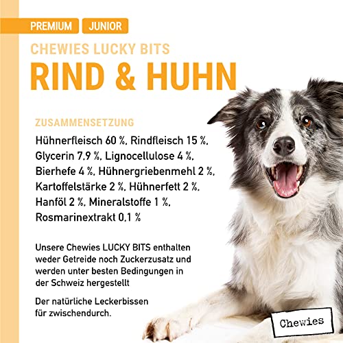 Chewies Lucky Bits Rind & Huhn Junior Hundeleckerli für Welpen - Hundeleckerlis getreidefrei & Soft mit viel Protein und Superfoods wie Bierhefe oder Ginkgo, ohne Zucker (80 g)