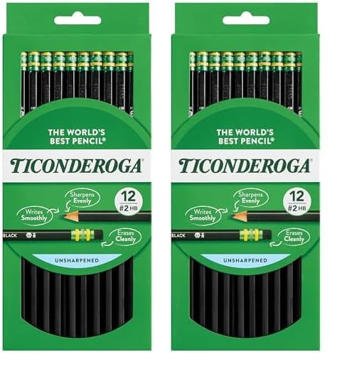 Ticonderoga Wood-Cased Pencils, Unsharpened, 2 HB Soft, Black, 12 Count (Pack of 2)