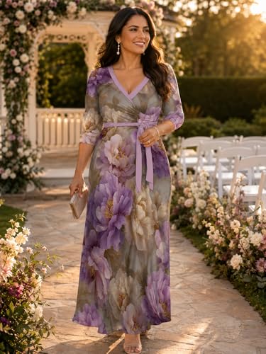 Image of Plus Size Maxi Dress for Women V Neck 3 /4 Sleeve Wrap Dress