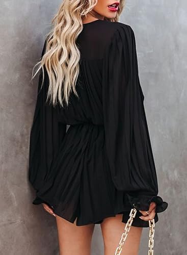 Dokotoo Womens Summer Spring Romper Ladies Elegant Plain Sexy V Neck Flared Long Sleeve Waist Tiet Pleated Drape Rompers And Jumpsuits For Women Dressy Black Small #TOP1