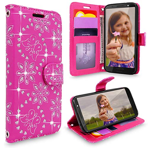Cellularvilla Moto G6 Plus Case, [Card Slot] Premium Leather Wallet Case [Wristlet] [Drop Protection] [Stand Feature] Flip Protective Shell Cover for Motorola Moto G6 Plus (2018) (Pink Glitter)