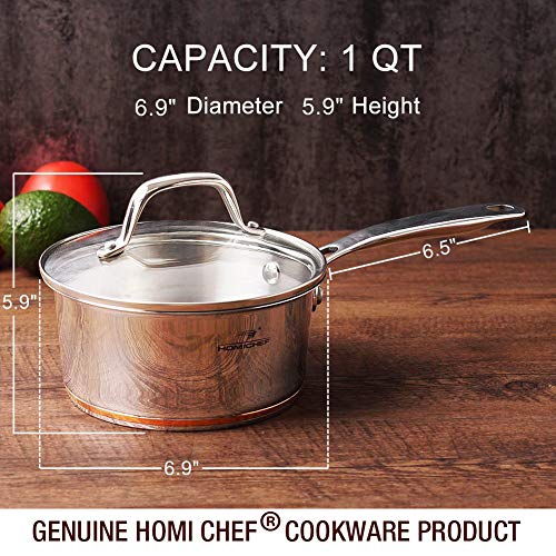 HOMI CHEF Mirror Polished Copper Band Nickel Free Stainless Steel 1 QT Saucepan with Glass Lid (No Toxic Non Stick Coating, 6.5 Inch) - Small Saucepan Induction Pan with Lid - Non Toxic Cookware - Thumbnail 2