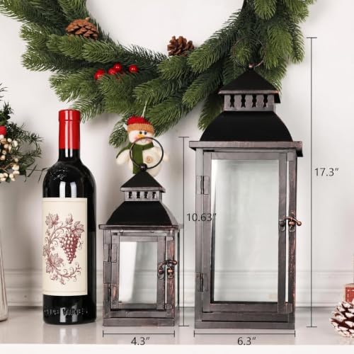 Image of NEEDOMO Lanterns Decorative Outdoor&Indoor, Set of 2 Large Bronze Metal Lantern Decor with Glass, Candle Holder for Porch, Patio, Garden, Balcony, Wedding, Table Centerpiece Decorations