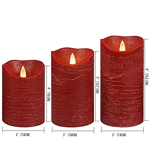 Image of CANDLE CHOICE Battery Operated Flameless Candles with Timer Real Wax Realistic Flickering Electric LED Pillars Automatic Built-in Daily Cycle Timer 6-Hour on 18-Hour Off Set of 3 Rustic Texture Red