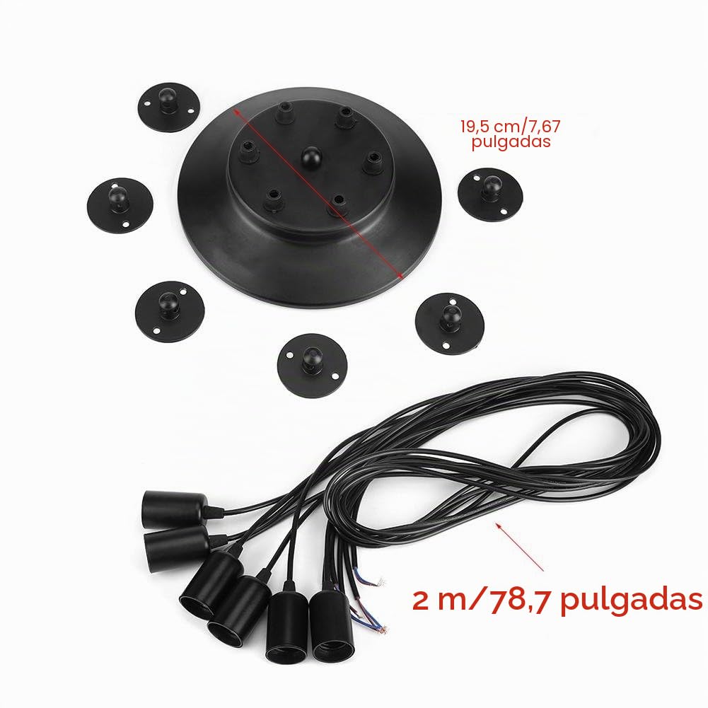 Dioche Lámpara de techo colgante retro industrial con 6 cabezales, soporte de luz para lámpara de techo E27, lámpara colgante para salón, decoración del hogar y comedor (2 m)