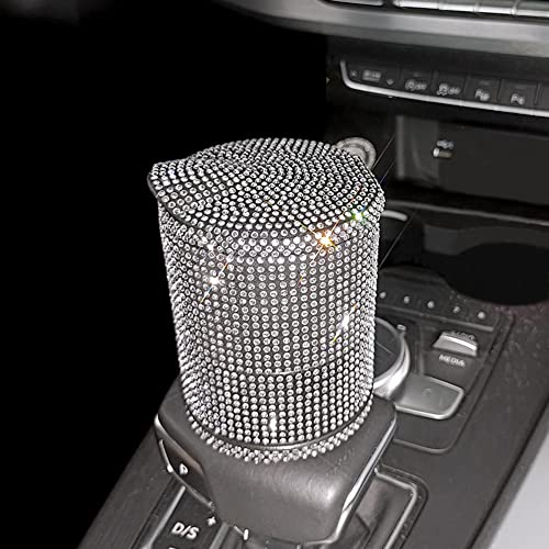 Image of ikasus Bling Crystal Car Ashtray Cigarettes with White Rhinestones Auto Vehicle Air Vent Multifunctional Ash Holder Container with Blue LED Light for Women Car Trash Can