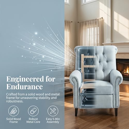Image of Oversized Tufted Linen Manual Single Lounge Recliner Chair, Blue | Tufted Linen Fabric Manual Recliner Chair, Oversized Lazy Boy Recliner with Rolled Armrest, Breathable Fabric
