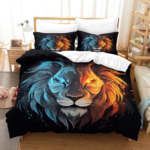 Housse de couette 135x200cm imprimé 3D microfibre parure de lit lion de feu - 3