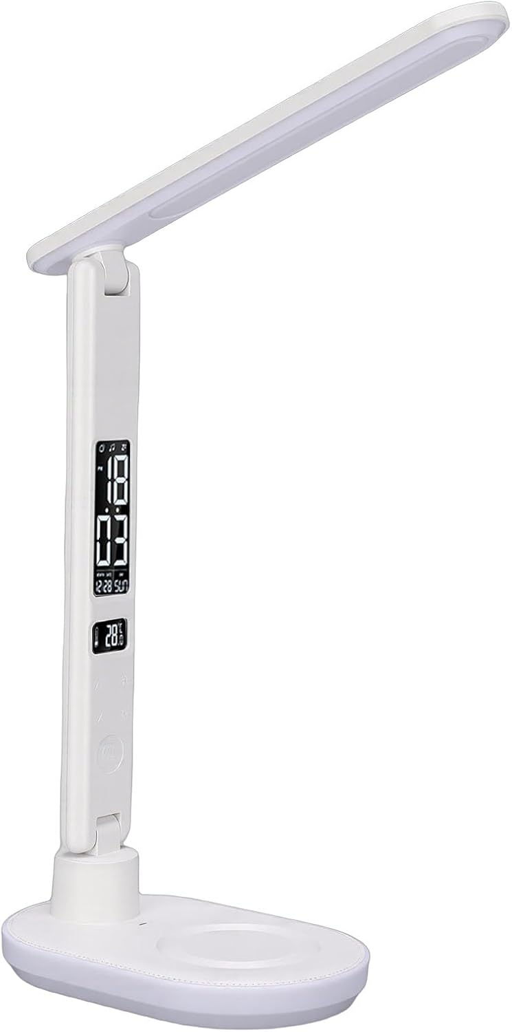 Garosa LED Desk Lamp, 10W Wireless Charging USB Port 5 Brightness 3 Color Modes RGB Dynamic Lights Foldable Arm Alarm Clock, with Touch Control for Study Reading Office