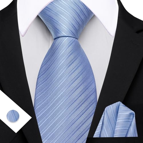 Image of Barry.Wang Solid Striped Tie for Men Silk Necktie Pocket Square Cufflinks Formal Wedding Party Business