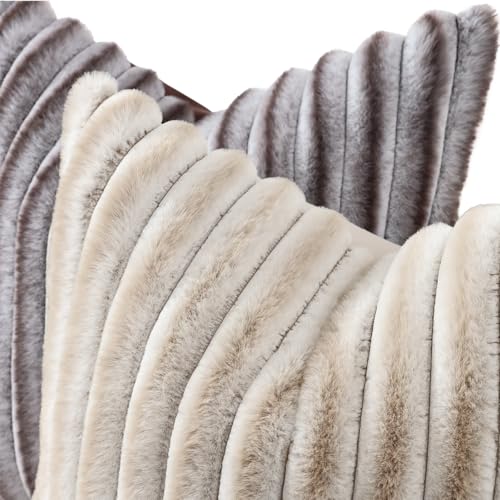 Image of decorUhome Fall Cozy Faux Fur Throw Pillow Covers 26x26 Set of 2 Decorative Soft Plush Striped Modern Farmhouse Boho Couch Euro Sham Pillow Cases with Velvet Back for Sofa Bed Living Room, Brown White