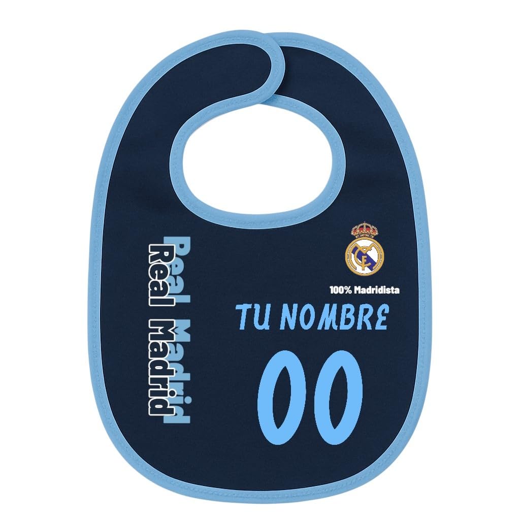 Real Madrid - Babero personalizable para bebé entre 0 y 1 año | Diseño exclusivo oficial | Nombre y número personalizados | Ideal para regalo madridista