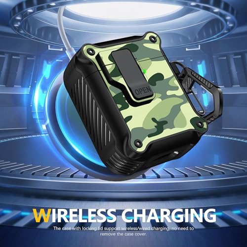 Image of RFUNGUANGO for Airpods 2nd and 1st Generation Protective Cases Automatic Pop-up with Safety Lock Clip, Full Body Shockproof Hard Case with Keychain (Cleaning Tool)-Rainforest Camouflage