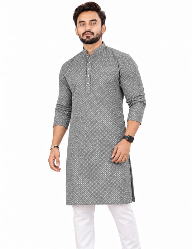 Image of Men's Lakhnawi Chikankari Kurta Set Cotton Ethnic Kurta Pajama for Men Wedding Festive Designer Indian Outfit Stylish Embroidered Kurta Set