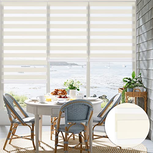 Image of Changshade Custom Size Zebra Blinds Cordless Indoor Window Shades Privacy Dual Layer for Living Room, Bedroom, Bathroom, Kitchen, Nursery, Inside Outside Mount Easy Install, Light Filtering, Beige