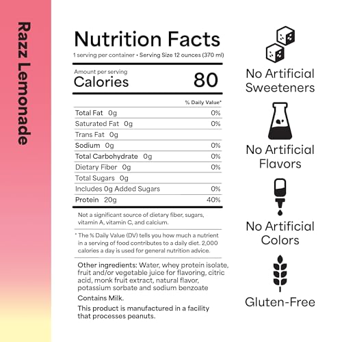 Image of Vertical Protein New Formula Razz Lemonade Ready to Drink w / 20g of Whey Isolate, Clear Post Workout Recovery Drinks, No Artificial Sweeteners, Low Calorie, Pack of 12 Protein Water Drinks