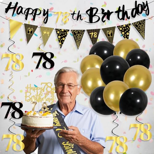 Image of 78th Birthday Decorations for Men, Black Gold 78th Party Decoration Kits | 27pcs Happy 78th Birthday Set, Banner, Honeycomb, Balloons, Gold Number, Candle, Hanging Swirls, Cake Topper, Party Supplies