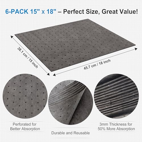 Image of AAwipes Oil Absorbent Pads Mat 15 inch X 18 inch 6 Packs Pre-Grade Universal Pads Absorbs All Liquids 3MM Thicker More Absorption for Garage, Car, Truck, Motorcycle - Grey OG1518-6S