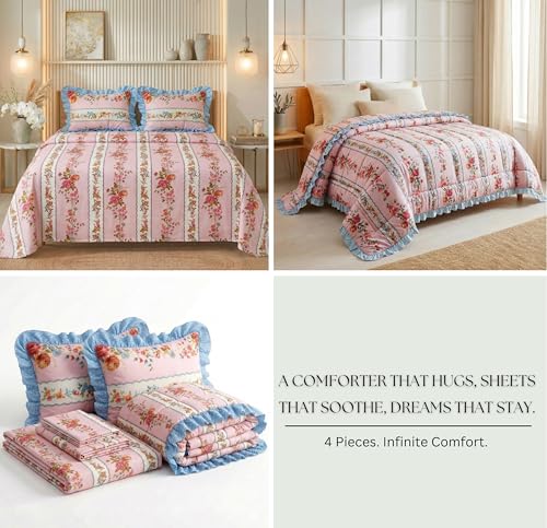 Image of SANMARINO Premium Cotton Double Bed 4 Piece Bedding Set with Frill Border | Comforter with Matching Bedsheet and Pillow | Ultra Soft & Lightweight Quilted Comforter Set |228x228 cm, Rose Garden Pink