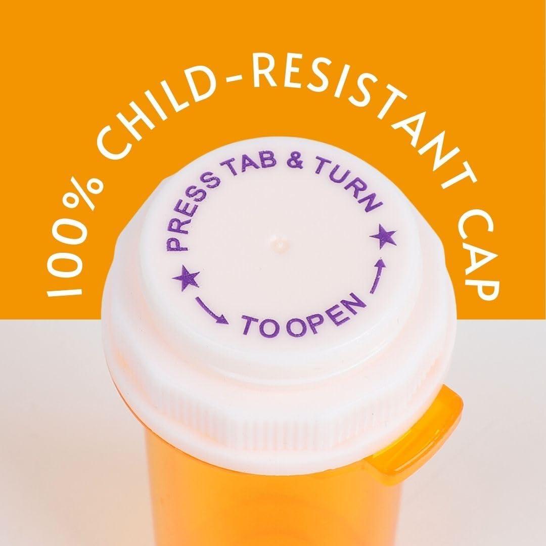 Five Star Supplies Thumb Tab Plastic Pill Bottles - Reversible Cap Easy Open & Child Resistant - Pill Container Prescription Vial - Easy Open/Push N Turn (Amber, 60 DRAM 70 ct.)