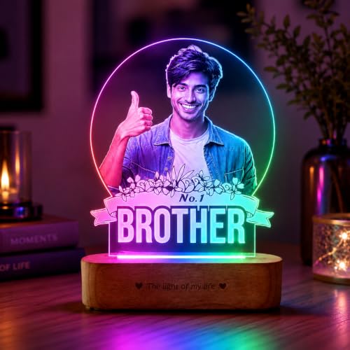 Image of ZOCI VOCI Rakhi Gift for Brother, Personalized Engraved LED Photo Lamp with Custom Photo, RGB Smooth Color Changing Night Lamp, Acrylic Wooden Base Gift for Brother, Rakshabandhan Gift